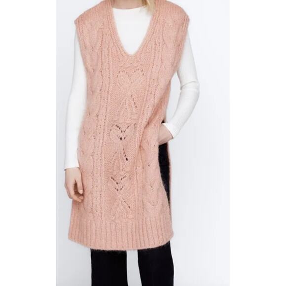 ZARA Pink Wool Blend Cable Knit Tunic Long Oversized Sweater Vest Top Size S - Picture 2 of 6